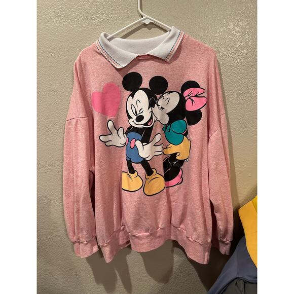 Vintage Disney Pink Mickey n Minnie Collared Lightweight Sweatshirt 2x - Picture 1 of 10